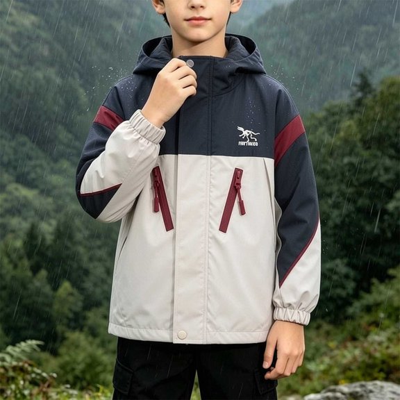 Kids Hooded Jacket Printed Long Sleeve Zip Up Jacket Mid Size Windproof Slight Waterproof Coat Daily Casual Outerwear for Boys