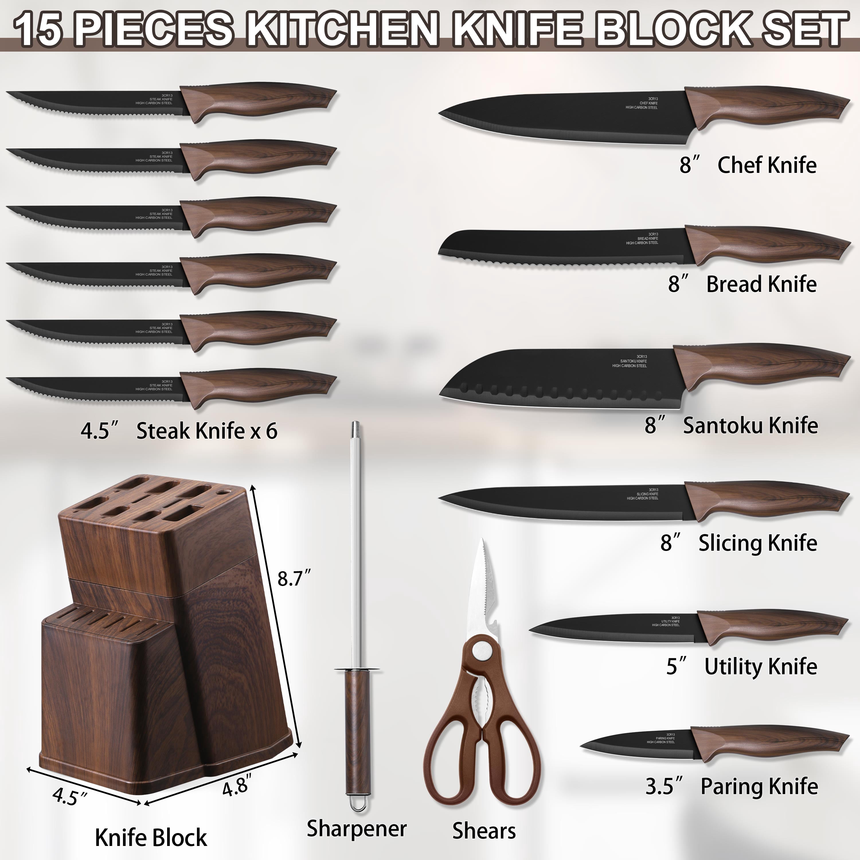 Walchoice 15 Pieces Knife Set with Block, High Carbon Stainless Steel Kitchen Knife Set with Sharpener, Rust Resistant & Dishwasher Safe - Walnut Brown