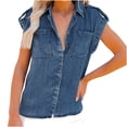 thumbnail image 1 of Moda Mujer Causal Blusa sólida Cuello vuelto Camiseta sin mangas Verano Botón Bolsillos Tops Fridja  ghk7398, 1 of 7
