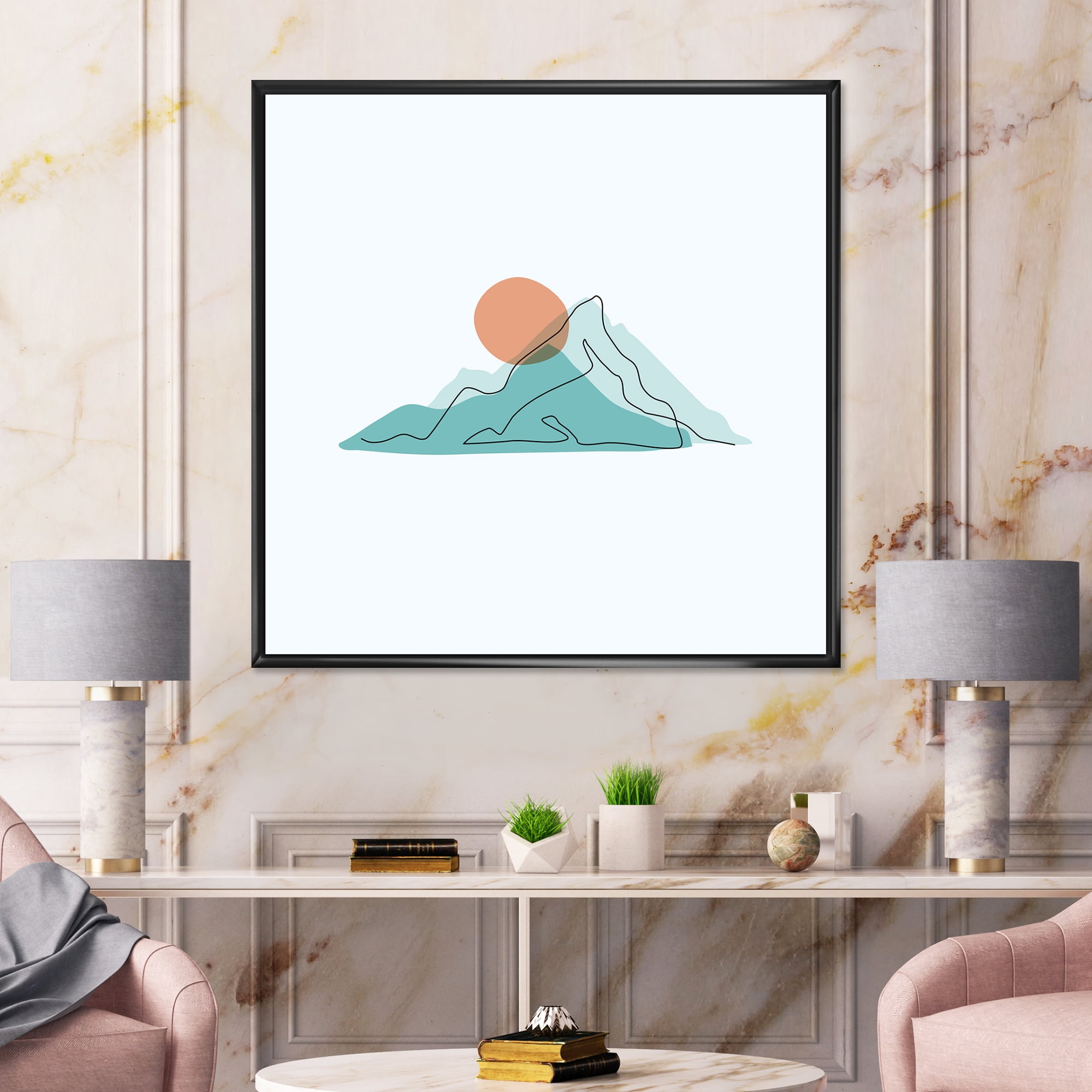 Abstract Blue Mountains With Red Moon II 36 in x 36 in Framed Painting Canvas Art Print, by Designart