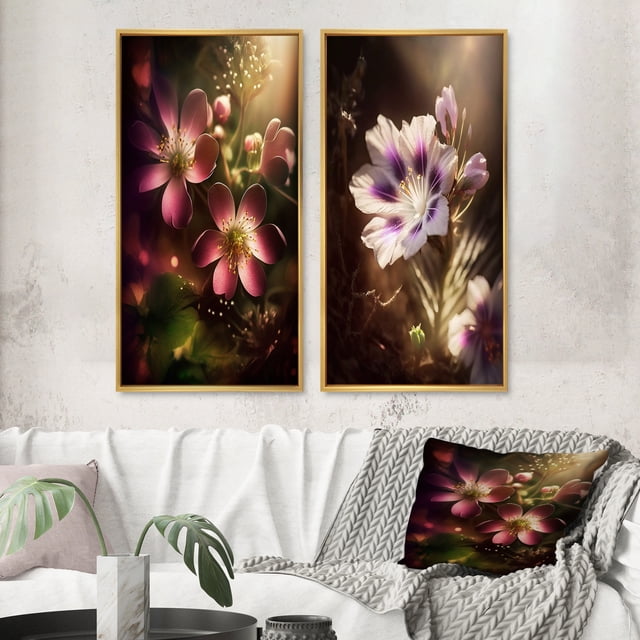 Designart "Fairy Daisy Wonderland Up Close I" Daisy Framed Wall Art Set Of 2 - Traditional Pink Gallery Wall Frame Set For Home Decor