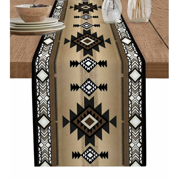 Brown Southwest Burlap Cotton Table Runner 13x120 Inches Long, Farmhouse Boho Aztec Geometric Neutral Farmhouse Table Runners, Outdoor Dining Tablecloths Decor for Baby Shower/Party/Wedding