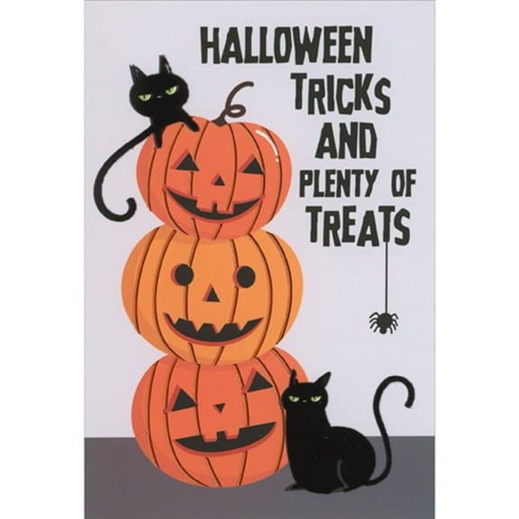 Pictura Black Cats Playing by Stack of Three Carved Pumpkins Halloween Card