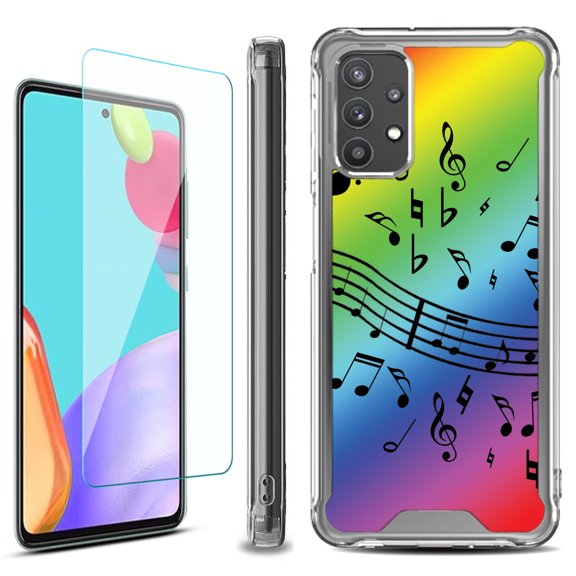 Shockproof Bumper Phone Case for Samsung Galaxy A53 5G, with Tempered Glass Screen Protector, by OneToughShield ® - Music Notes / Rainbow