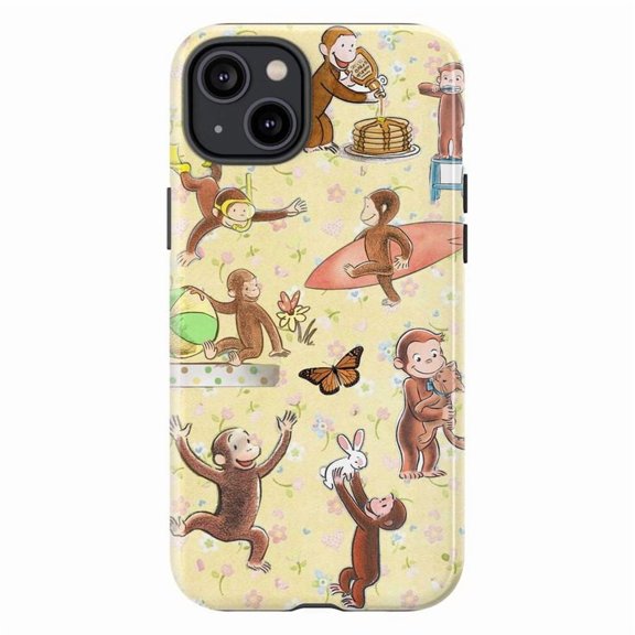 Curious Monkey Fun & Adventure Phone Case – Cute Yellow Design with Pancakes, Surfing, Beach, Bunny & Butterfly – Fits iPhone 11 12 13 14 15 16 Pro Max Mini Plus