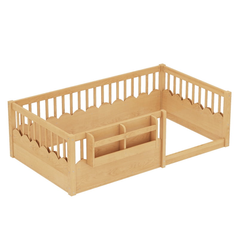 Twin Size Floor Bed with Heightened Fence, Kids Platform Bed Frame with No Slat, Montessori Storage Bed with Bookshelf