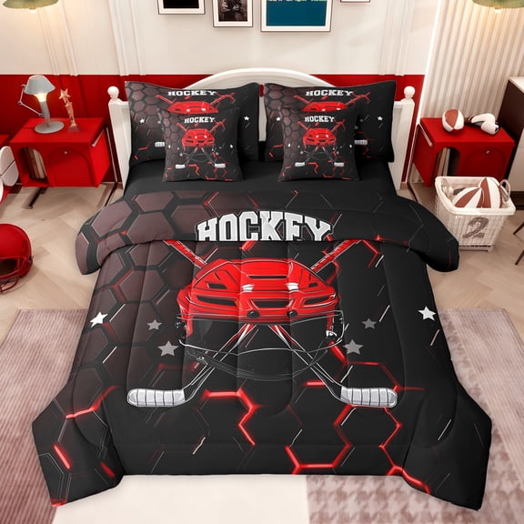 Feelyou Ice Hockey Helmet Bedding Comforter Set 7 Pieces for Kids, Black Red Honeycomb Full Bedding Set, Sports Lover Reversible Fitted Sheet Flat Sheet, Super Cozy Room Decor