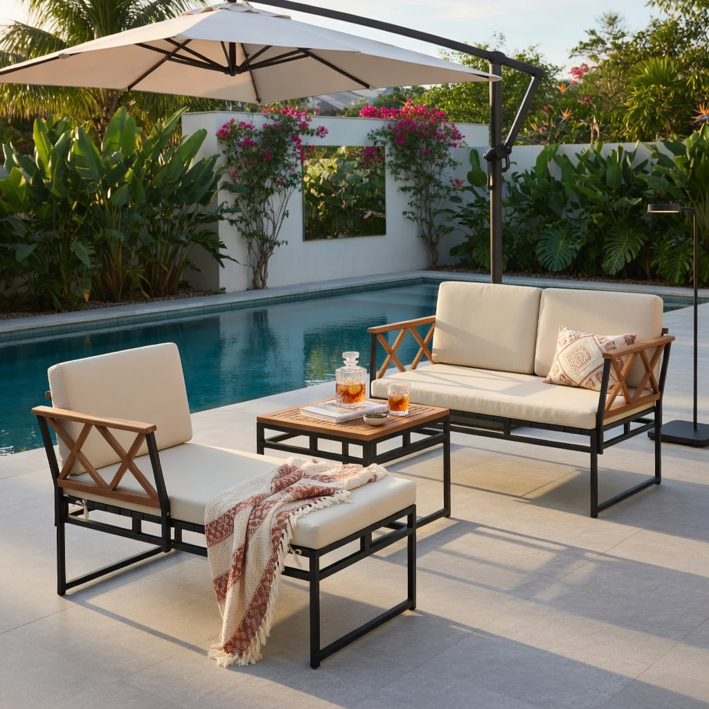 Hommoo 3-Piece L-Shaped Outdoor Patio Furniture Set, Cushioned Acacia Wood Loveseat & Lounge Sofa with Coffee Table for Porch, Backyard, Poolside, Brown