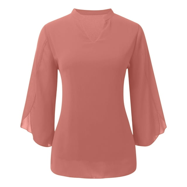 Blusa de gasa elegante y casual con volantes, mangas 3/4 y cuello en V para mujer - Doble capa y bajo fluido - Para la oficina o fiestas - Tallas S-XXL