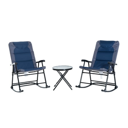 3 Piece Patio Furniture Set Outdoor, Folding Rocking Chairs with Glass Table - Bistro Set for Porch, Camping, Balcony - Navy Blue