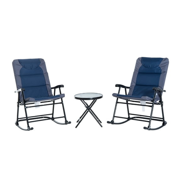 3 Piece Patio Furniture Set Outdoor, Folding Rocking Chairs with Glass Table - Bistro Set for Porch, Camping, Balcony - Navy Blue