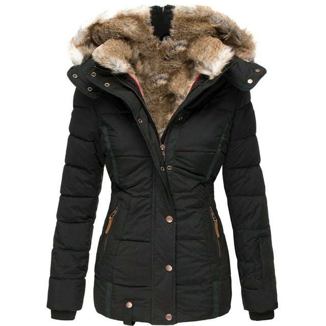 Fashnice Women Coat Solid Color Outwear Front Zip Thickened Jacket Slim Fit Work Hooded Coats Black M