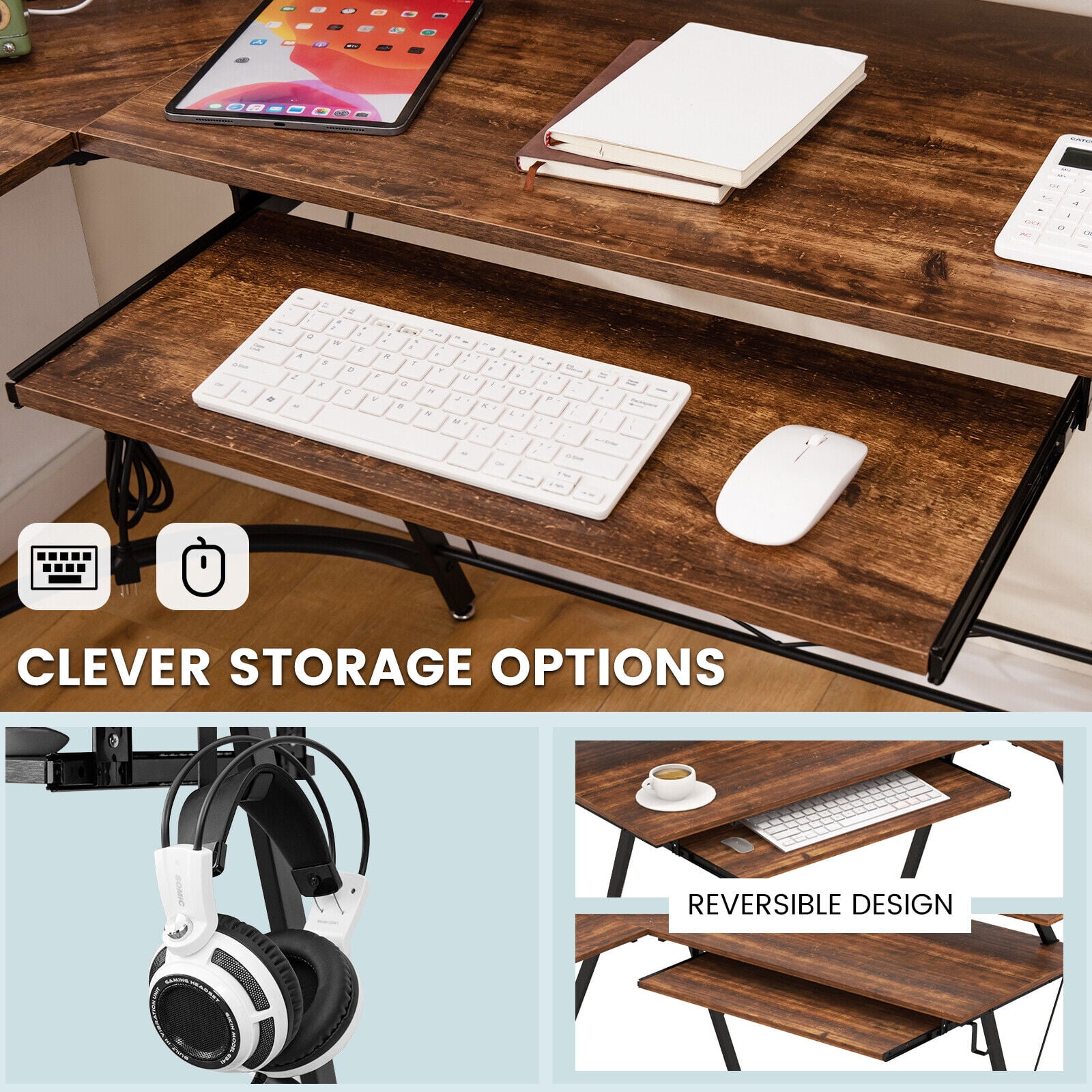 Amijoy L-shaped Computer Corner Desk, 51" Reversible L Shaped Home Office Desk w/Power Outlet, USB Ports, Monitor Stand, Keyboard Tray
