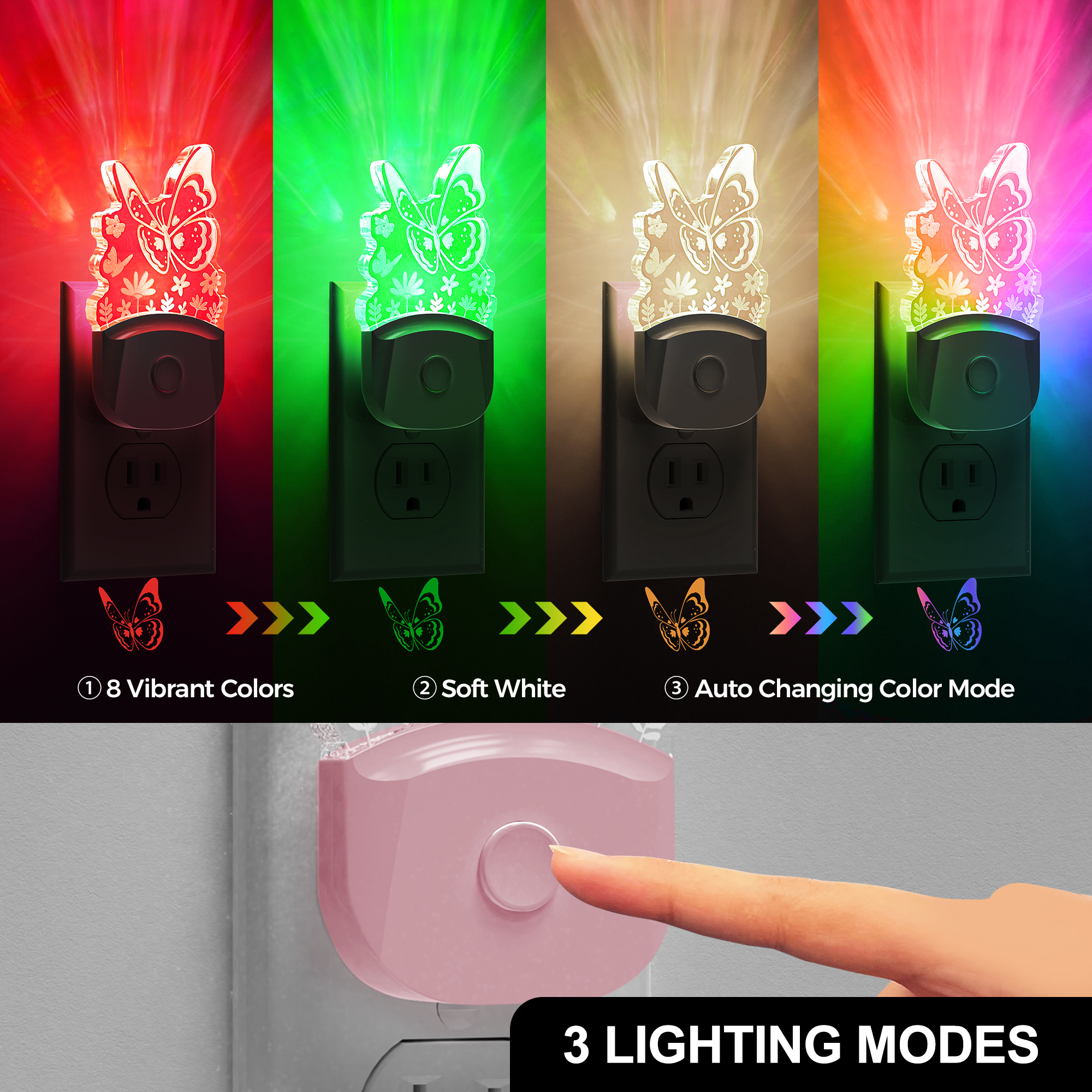 YANSUN 0.5W Pink Butterfly Multicolor LED Plug-In Night Light with Color Changing, 3000K Warm White, Dusk-to-Dawn Sensor & Decor, 1 Pack