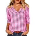 thumbnail image 3 of VBVC Women's Gingham 3/4 Sleeve V-Neck Top , Ladies' Lightweight Work Office Blouse , Plaid Summer Shirts For Women,Hot Pink,S-2XL, 3 of 8