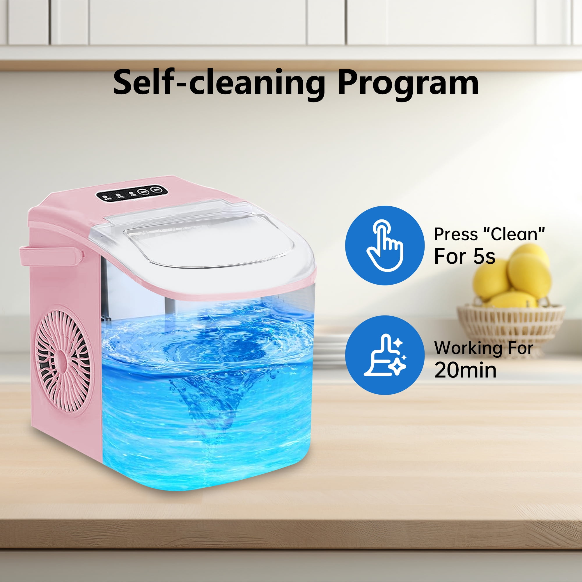 HUMSURE Countertop Ice Maker Machine with Handle, 26lbs  Per Day, 9 Ice Cubes Ready in 7 Mins, Self-Cleaning Portable Ice Maker with Basket and Scoop, for Home/Party/Kitchen/Camping/RV(Pink)