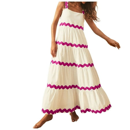 Blphud Cozy Dress for Women Casual Striped Dresses for Women Women s 2024 Summer Sleeveless Scoop Neck Flowy Beach Vacation Party Long Maxi Dress New Dresses for Women Hot Pink L