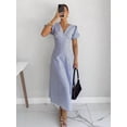 thumbnail image 2 of Women's Blue Striped V-Neck Puff Sleeve Midi Dress for Summer Casual, Beach, Vacation, Office & Going Out, 2 of 7