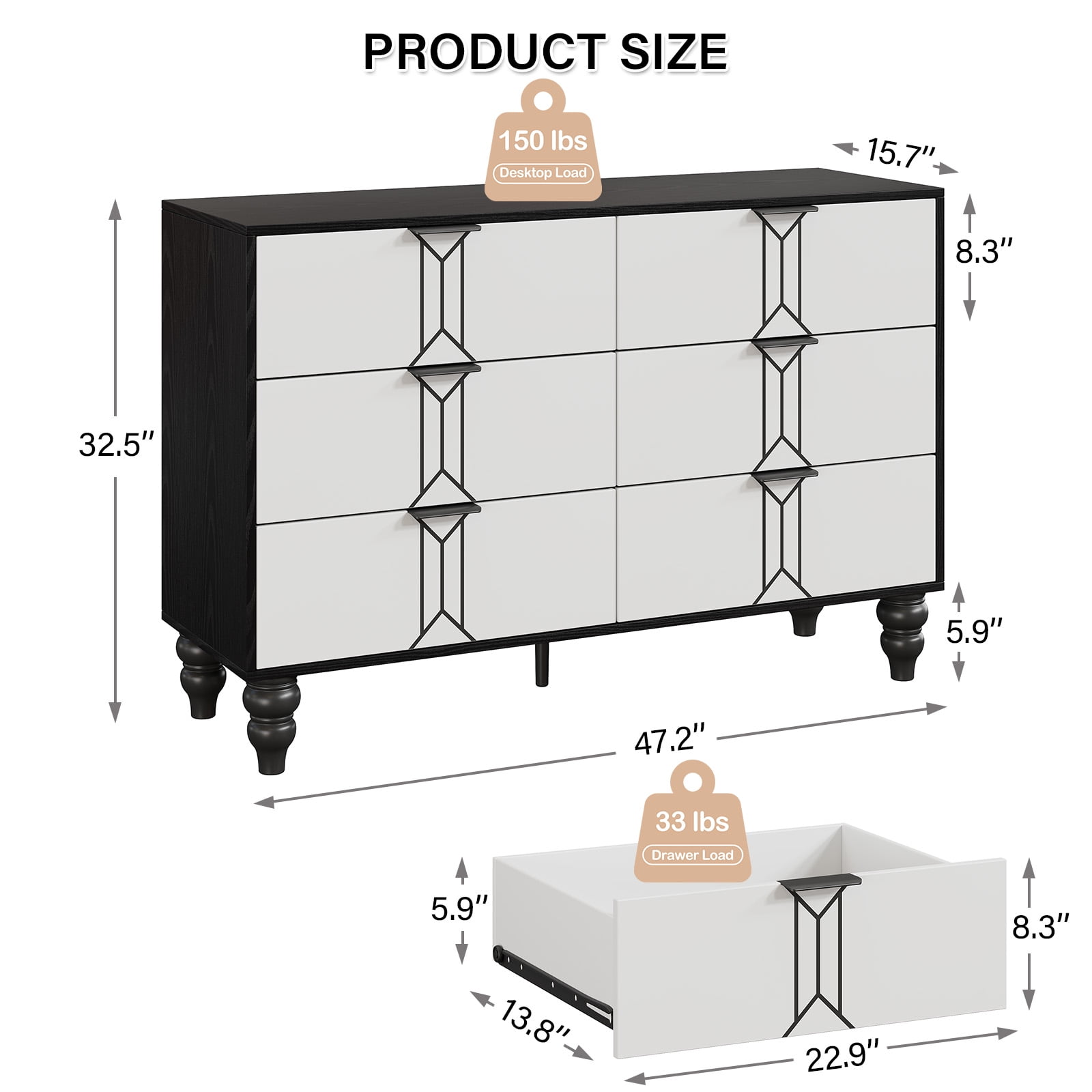 Homhougo Dresser for Bedroom 6 Drawer, Wood Organizer Storage Cabinet with Vintage Pattern Design, Chest of Drawers for Closet, Living Room, Hallway, Nursery, Kids Bedroom, Black+White