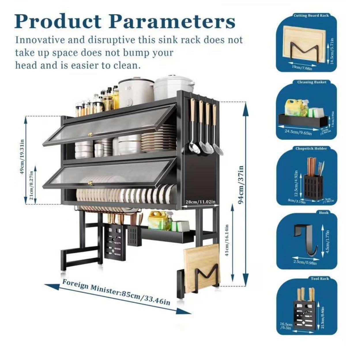 4-Tier Over the Sink Dish Drying Rack with Cover, 33.5" Large Dish Rack with Storage Basket, Knife & Cutting Board Holders