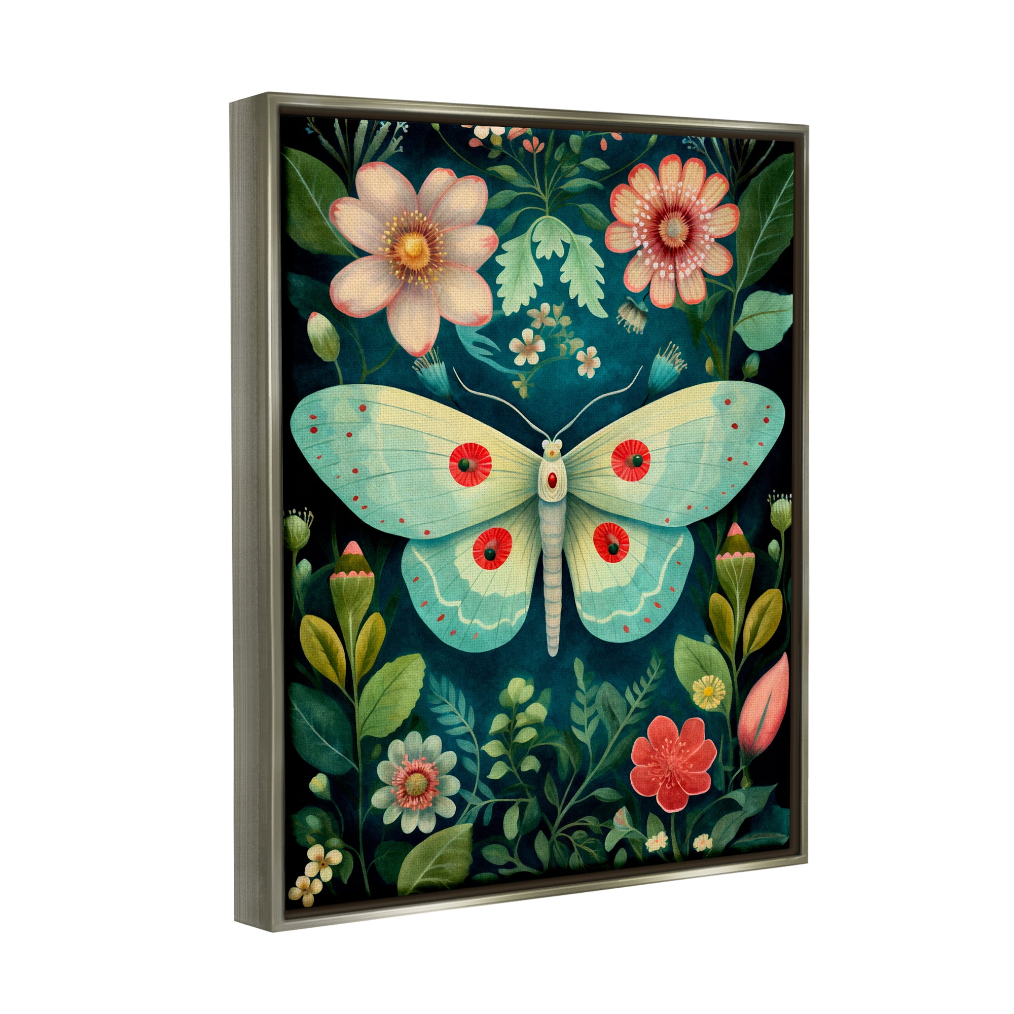 Stupell Industries Green & Pink Moth Pattern Animals & Insects Painting Gray Floater Framed Canvas Art Print Wall Art, 25 x 31