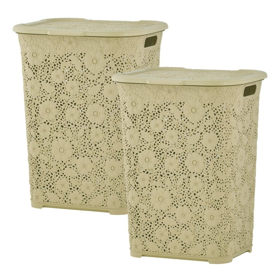 Superio 50L Large Lace Plastic Laundry Hamper with Lid - Beige (2 Pack)