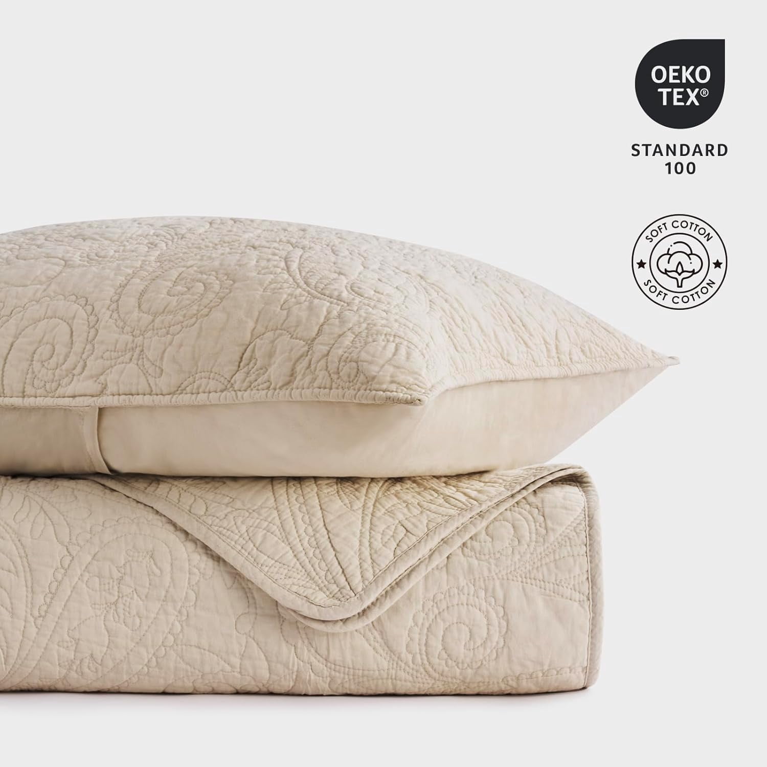 EVERGRACE 100% Cotton Paisley Quilt Set, Queen Size 3 Piece Set – Prewashed Lightweight Bedspread with 2 Shams, Soft & Breathable Matelasse Coverlet for All-Season Comfort, Flax Beige
