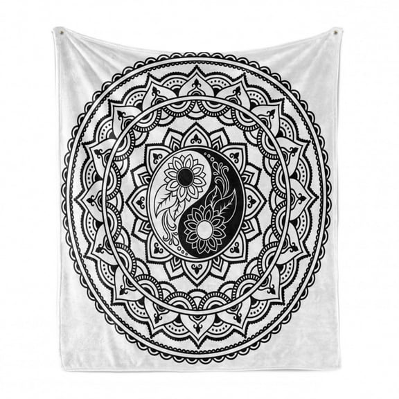 Ying Yang Soft Flannel Fleece Throw Blanket, Ornate with Lace Style Blossom Patterns Inspirational Far Eastern Print, Cozy Plush for Indoor and Outdoor Use, 50" x 70", Black White, by Ambesonne