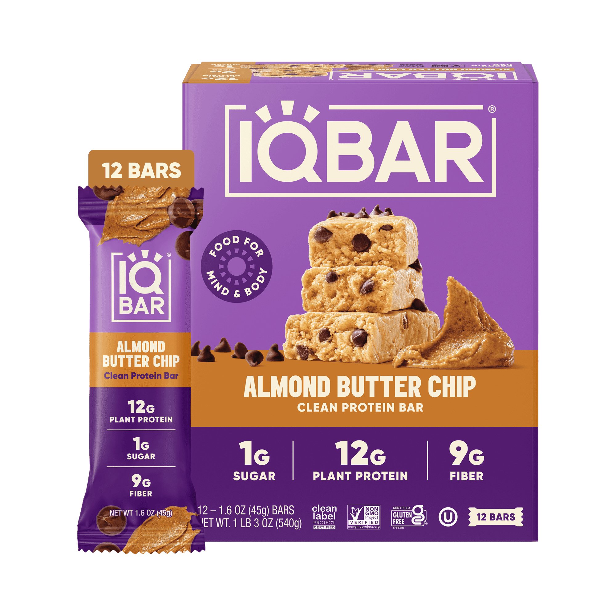IQBAR Clean Plant Protein Bars - Almond Butter Chip - 12 Count - Keto, Vegan, High Fiber, Gluten and Dairy Free, Low Sugar Snack