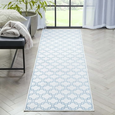 Well Woven Apollo Lattice Modern Moroccan Ivory Light Blue 2'7" x 9'6" Runner Machine Washable Rug