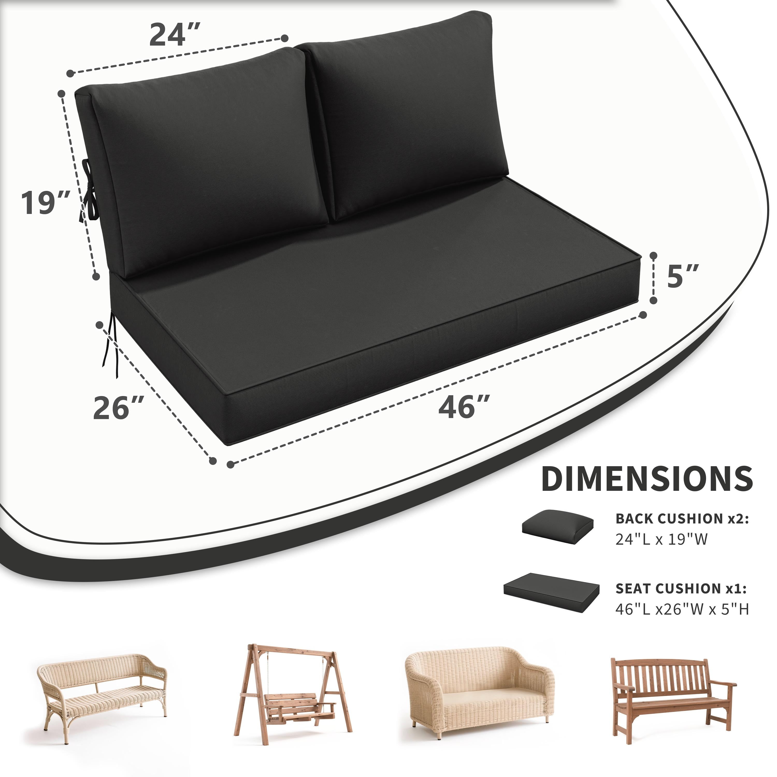 Kimunuk Outdoor Loveseat Cushion Set, 46" x 26" x 5" Waterproof Patio Furniture Cushions for Couch Bench Swing, Black