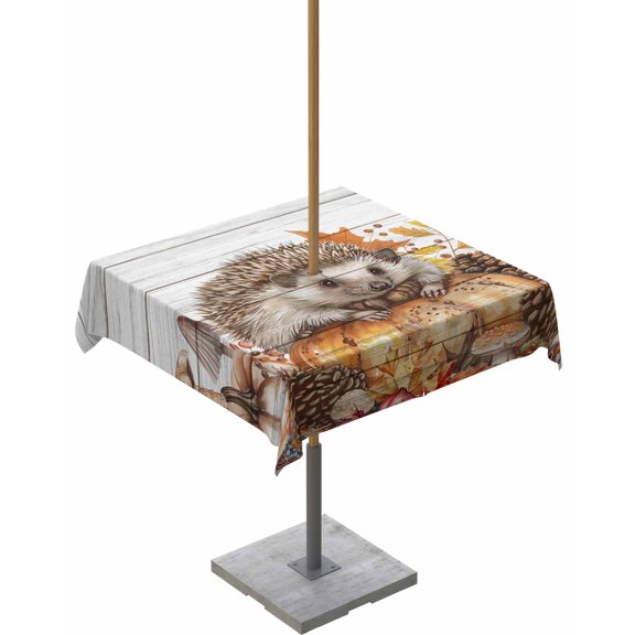 Fsddascl Thanksgiving Hedgehog Outdoor Tablecloth - 54x54 Inch Square Dining Table Cover, Fall Pumpkins Harvest Vintage Waterproof Outdoor Table Cloth with Umbrella Hole & Zipper for Picnic/Patio