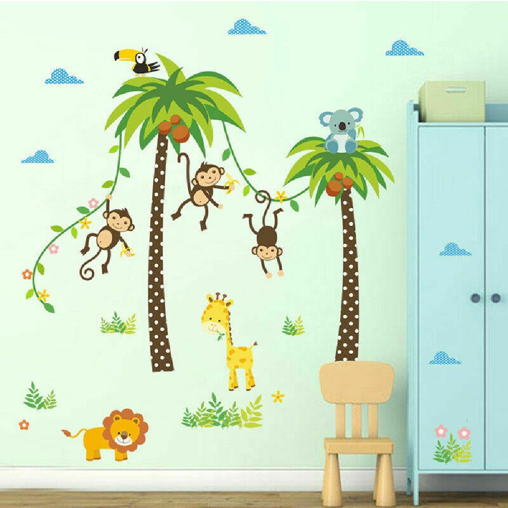 Nursery Baby Jungle Animal Owls Monkey Tree Wall Stickers Decor for Kids Room 