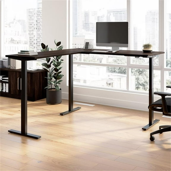 Pemberly Row 72"W L Shaped Standing Desk in Black Walnut - Engineered Wood