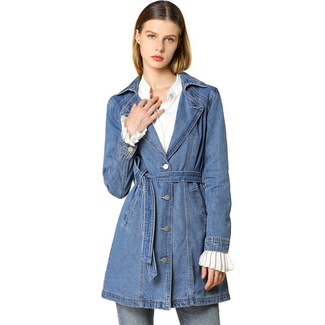 Chaqueta Vaquera Allegra K Larga con Cinturón y Solapa para Mujer Azul claro L
