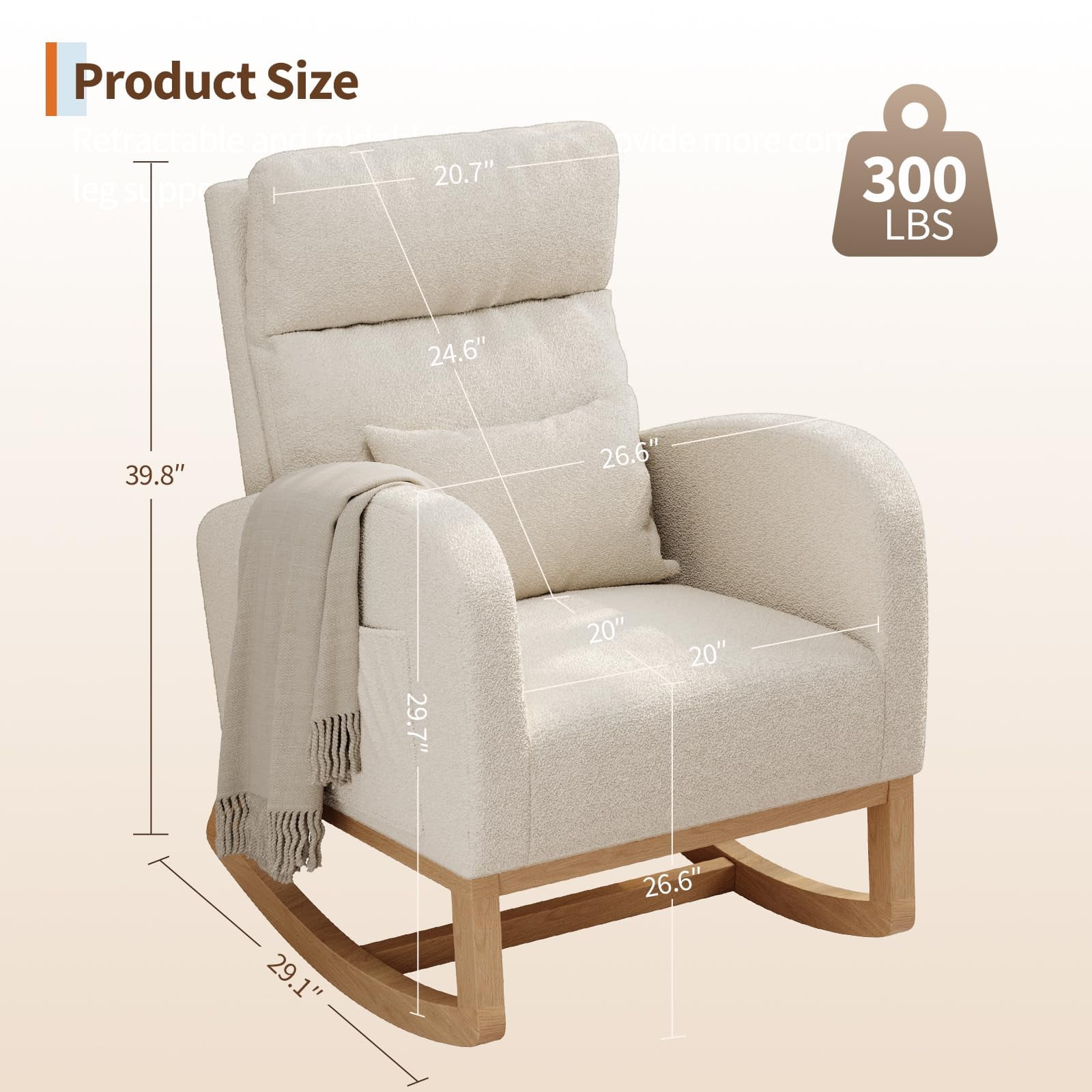 Modern Teddy Fleece Nursery Rocking Chair - High Back Glider with Pillow, Side Pockets for Bedroom & Nursing Room