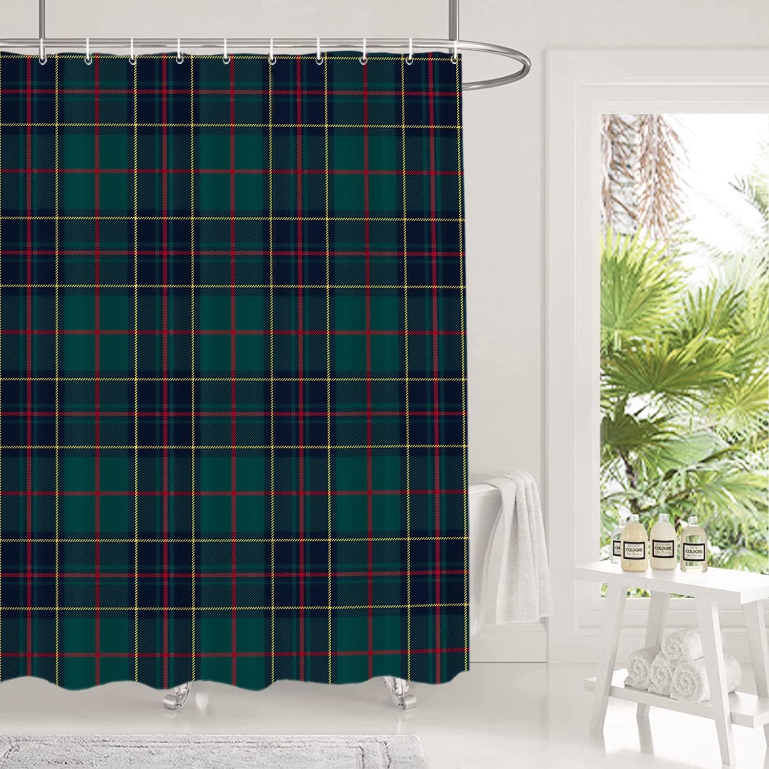 Tartan Plaid Decorative Shower Curtain, Green Scottish Fabric Kilt Twill Woven Bathroom Décor Polyester Fiber Waterproof with Plastic Hooks for Shower Stall Bathtubs 72"W x 72"L (Pack of 1)