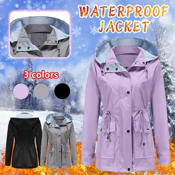 Olyvenn Women's Solid Color Rain Waterproof Jacket With Removable Hoodie Casual Lightweight Windbreaker Outdoor Long Sleeve Slim Fit Tunic Walking Midi Coat Female Outerwear Gray M