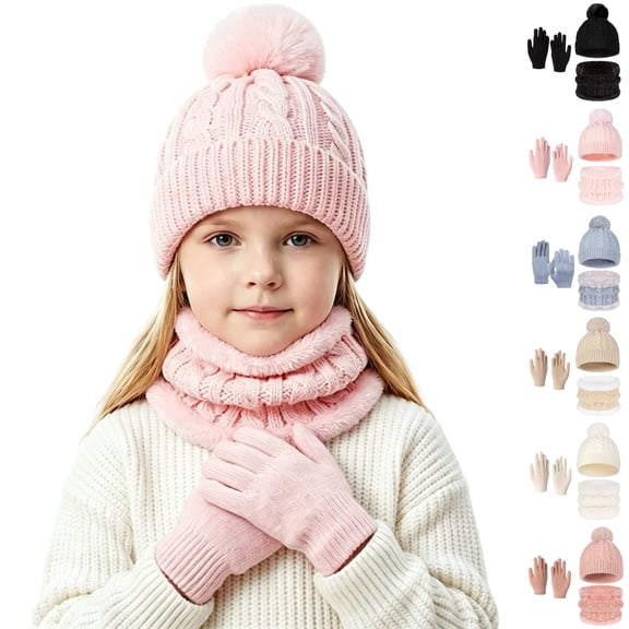 Sentuca Winter Hat Scarf Gloves Set Pompom Knitted Beanie with Neck Warmer & Gloves Outdoor Cold Weather 3PCS Kids Accessory Pink Size 2-10Y