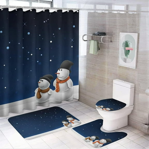 4 Pcs Xmas Shower Curtain Sets, Christmas Bells 4 Piece Bathroom Shower Curtains Decor Set with Non-Slip Rug, Toilet Lid Cover and Bath Mat, for Family Dormitory Decoration Use, 71 x 71 Inch