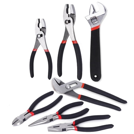7-piece Utility Pliers And Wrench Set Includes 8" Adjustable Groove Joint & 6" Slip Long Nose Diagonal Linesman Dipped Handle