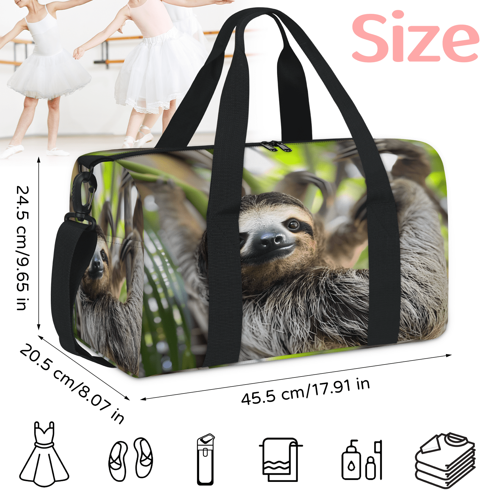 Herdesigns Sloth Funny Animal Gym Bag for Women, Duffle Bag for Travel Sport, Lightweight Waterproof Carry on Weekender Overnight Dance Yoga Workout Bags