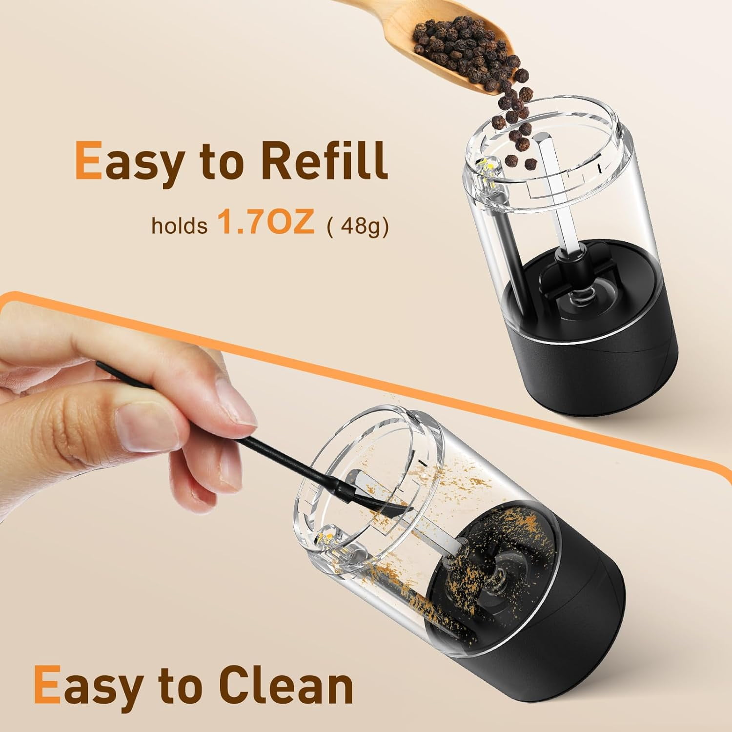 Electric Salt and Pepper Grinder Set, Rechargeable Automatic Pepper Mill Grinder with LED Light, Adjustable Coarseness shakers, One-Hand Operation for Kitchen(2 Pack, Upgrade Black+Black)