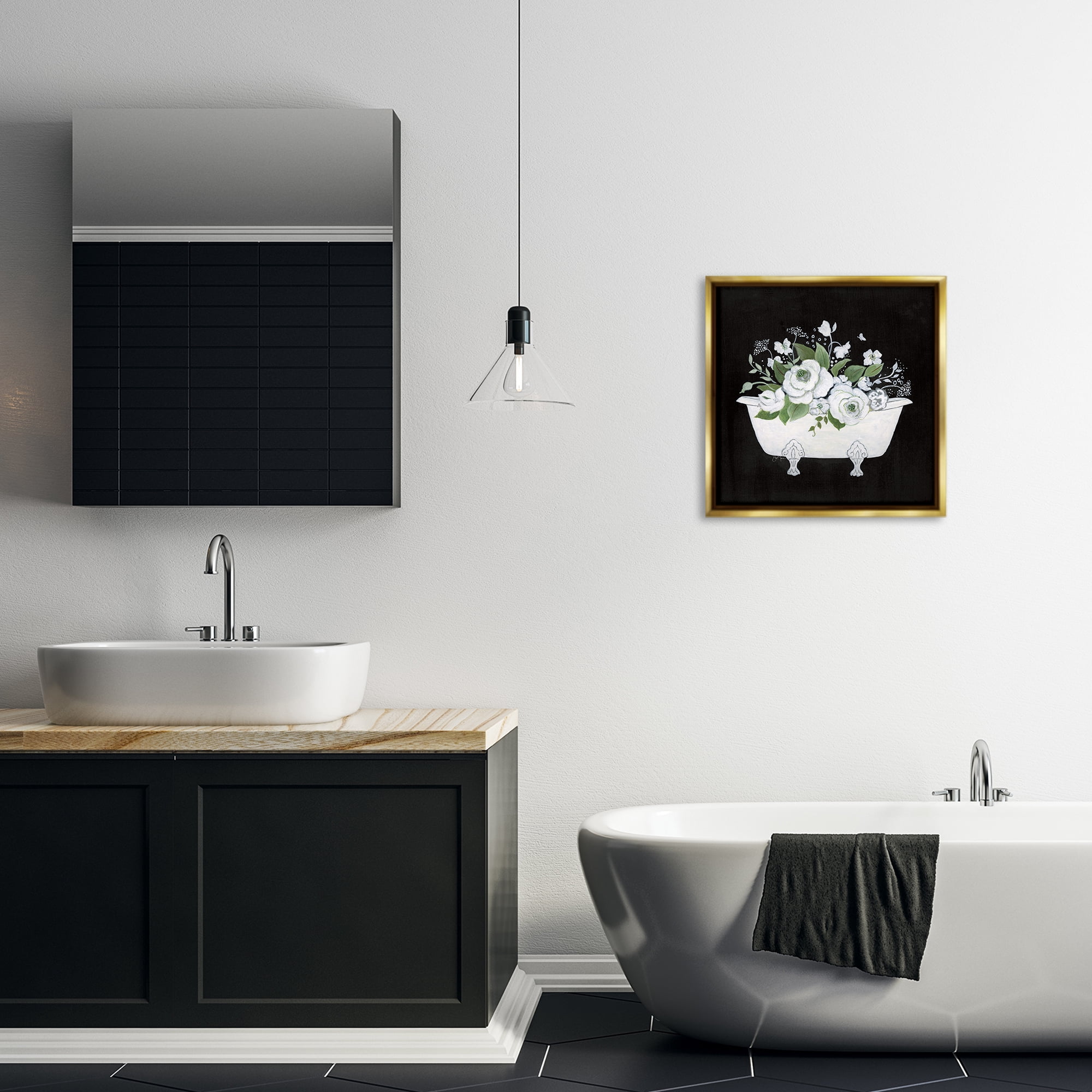 Stupell Industries White & Black Bath Typography Painting Gold Floater Framed Canvas Art Print Wall Art, 18 x 18