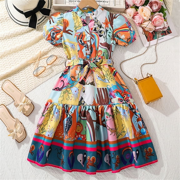 Dresses for Girls Summer Western Style Short Sleeve Small Floral Shawl Style Kids Clothes