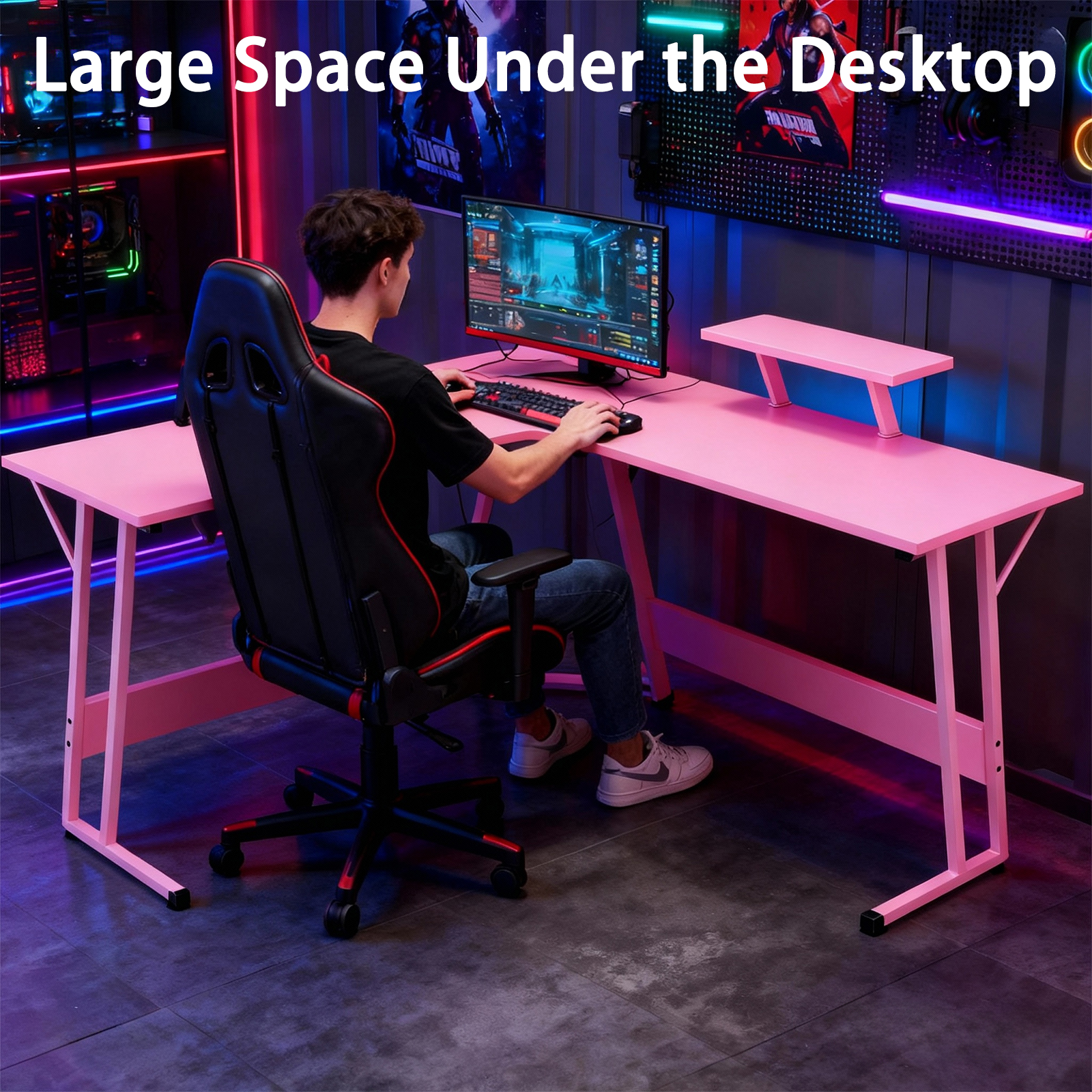 CL.HPAHKL L Shaped Gaming Desk, Computer Desk Corner Desk with Monitor Stand&Large Wooden Desktop, PC Gaming Desk Table for Home Office Sturdy Writing Workstation (Pink, 50 inch)
