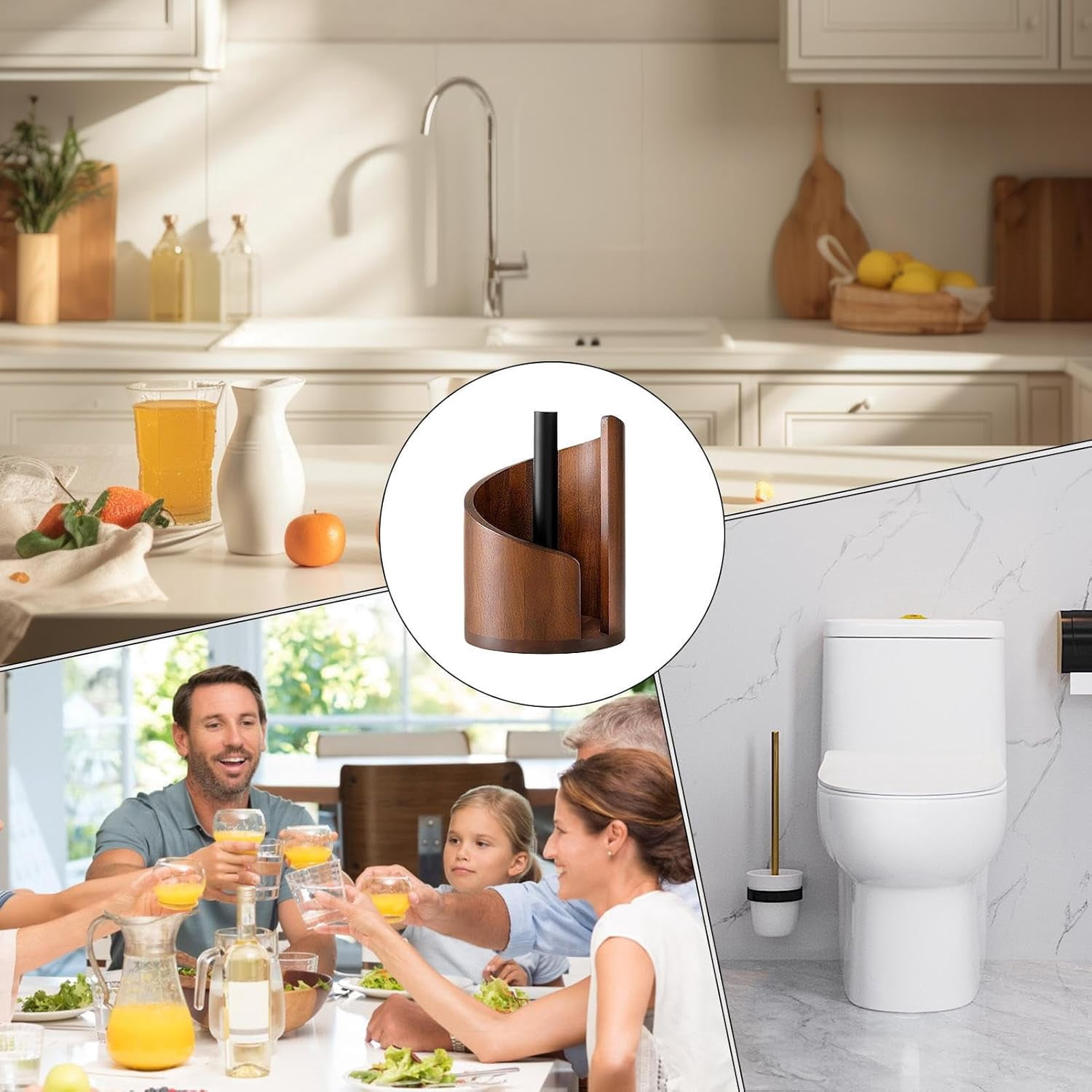 Mountain Design Countertop Paper Towel Holder – Mango Wood Round Base & Iron Roll Stand, Decorative Kitchen Dining Table Organizer for Home