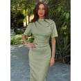 thumbnail image 6 of Olive Green High Neck Short Sleeve Midi Sheath Dress For Women, 6 of 8
