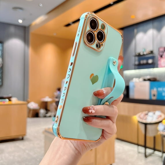 Feishell Case For iPhone 13 Pro Max, Cute Luxury Plating Love Heart with Camera Protection,Soft TPU Bumper Small Love Pattern,Protective Wrist Strap Kickstand Case For iPhone 13 Pro Max, Mint