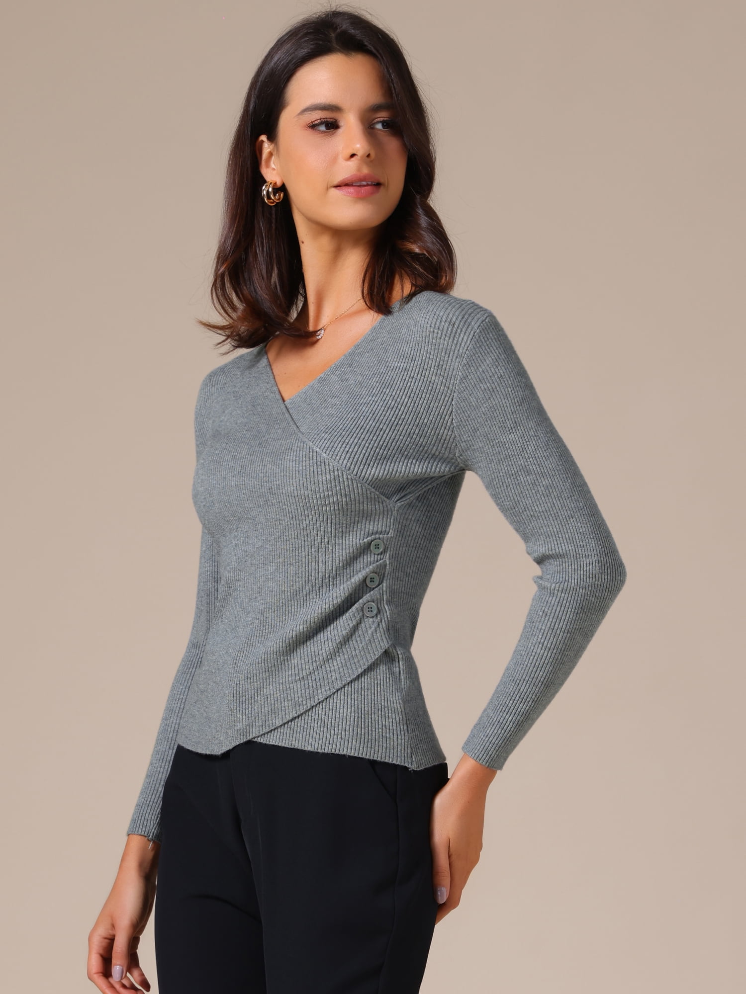 DARING DIVA Women's V Neck Fitted Ruched Waist Criss Cross Knitted Wrap Tops L Gray